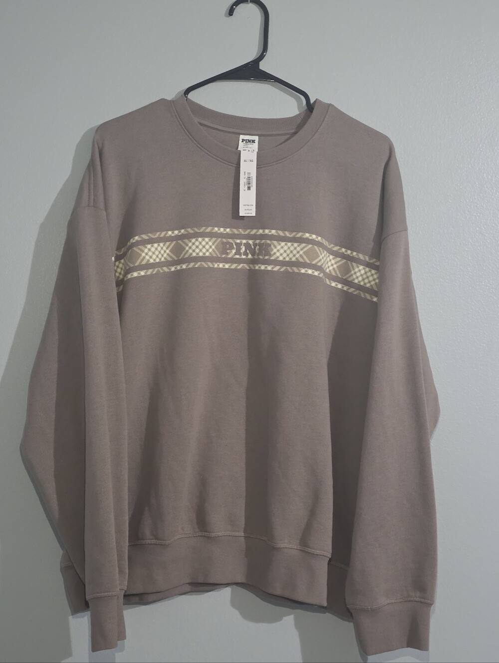 PINK Victoria's Secret Iced Coffee Plaid Logo Campus Crewneck Sweatshirt NWT XL